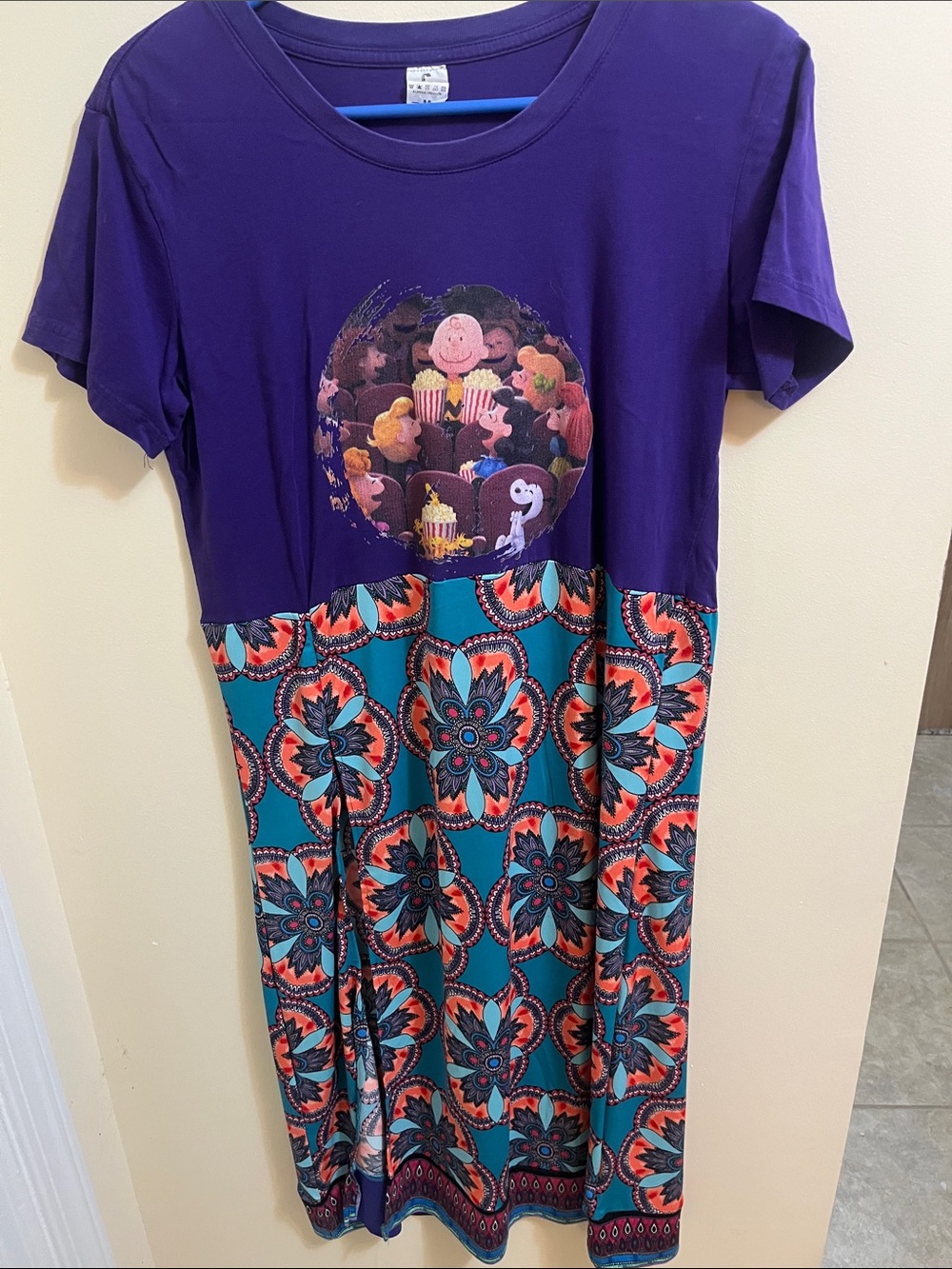 Purple Graphic Top with Teal Floral Skirt Dress
